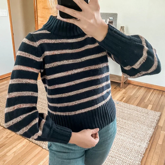 Madewell Wool Blend Navy Pink Striped Mock Neck Preppy Knit Pullover Sweater S - Picture 1 of 6